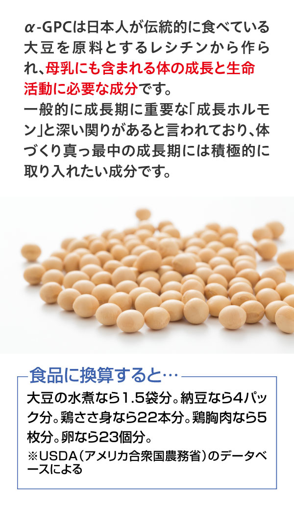 α-GPCは日本人が伝統的に食べている大豆を原料とするレシチンが作られ、母乳にも含まれる体の成長と生命活動に必要な成分です。一般的に成長期に重要な成長ホルモンと深い関わりがあると言われており、体づくり真っ最中の成長期には積極的に取り入れたい成分です。